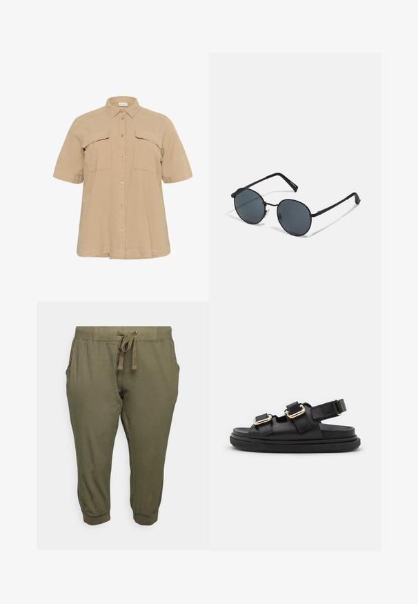 Chemise beige à manches courtes avec col, deux poches poitrine, fermeture à boutons et ourlet droit. Fabriquée en tissu doux et léger.; Pantalon court vert olive avec taille élastique, cordon de serrage ajustable, poches latérales et ourlets ajustés aux chevilles.; ALOHAS HARPER - Sandales - black; Lunettes de soleil en métal noir avec des verres ronds, teintés foncés, branches fines et plaquettes de nez réglables, arborant un design minimaliste sans logo visible.
