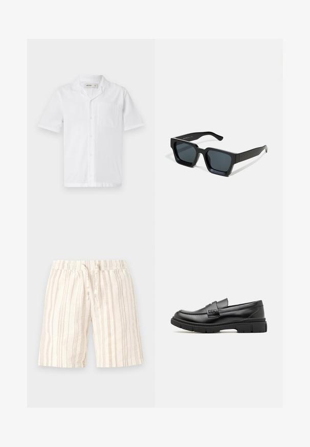 Camisa blanca de botones de manga corta con un bolsillo, que presenta una tela texturizada y un diseño de cuello relajado.; Pantalones cortos de color beige claro con rayas verticales en diferentes tonalidades. Cuenta con una cinturilla elástica y cordón para ajuste. Tejido suave y texturizado.; Mocasin de cuero negro con una cinta ancha en el empeine, suela de goma con tacos gruesos y textura suave. Diseño clásico y elegante.; Gafas de sol negras rectangulares con lentes oscuros. Montura de plástico grueso y liso con un acabado ligeramente brillante y patillas rectas.