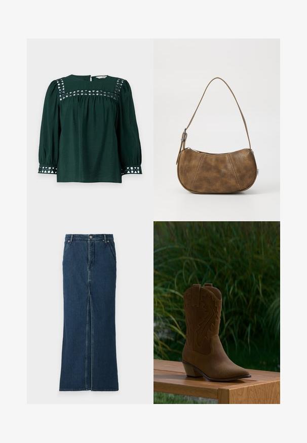 Mørkegrøn bluse med lange pufærmer, tekstureret stof og dekorative udskæringer på yoken og manchetterne. Nøglehulslukning i ryggen.; Good American FIT AND FLARE MAXI SKIRT - Denimnederdele - indigo; Brun ruskind cowboystøvle med dekorativt syning, en spids tå og en lav vinklet hæl, vist på en træbænk udendørs.; Brun faux læder skuldertaske med en buet form, en enkelt strop, kontrasterende syninger og en lynlåslukning langs den øverste kant.