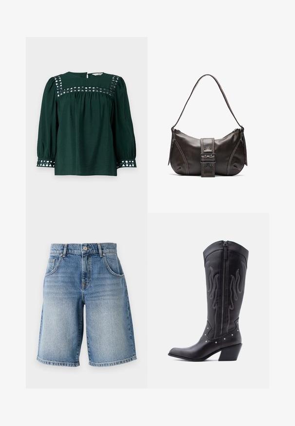 Mørkegrøn bluse med lange pufærmer, tekstureret stof og dekorative udskæringer på yoken og manchetterne. Nøglehulslukning i ryggen.; Lysblå denimshorts med lige pasform, fem lommer og bronzefarvet hardware. Har en rå kant og en falmet vaskemæssig struktur.; Sorte cowboystøvler i læder med spids tå, synlige sømme, sølvfarvede nitte-detaljer og lynlås på den indvendige side.; Brun læder skuldertaske med en buet form, der har et fremtrædende spænde, kontrasterende syninger og en enkelt skulderrem.