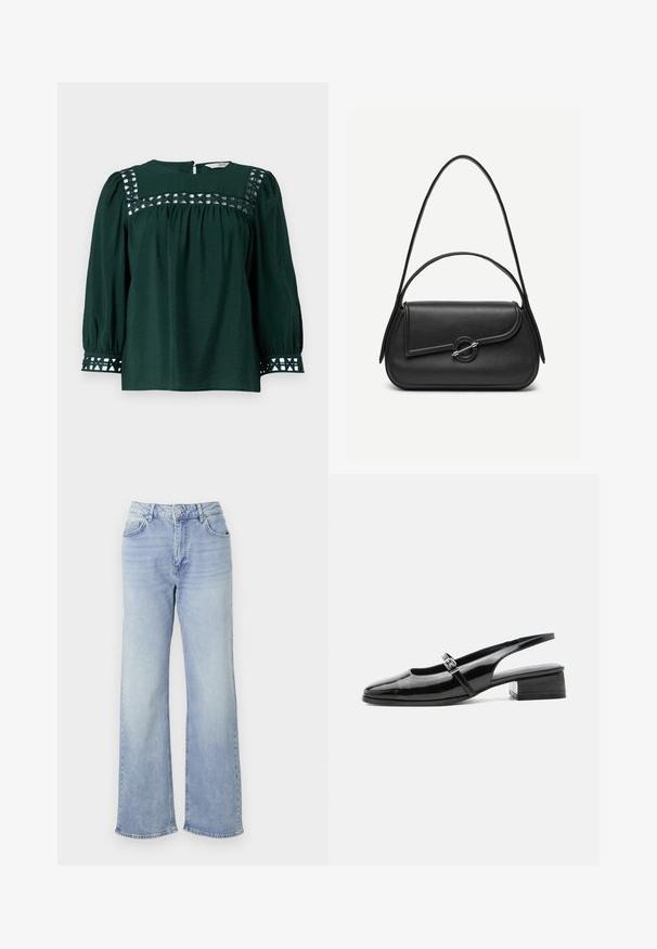 Mørkegrøn bluse med lange pufærmer, tekstureret stof og dekorative udskæringer på yoken og manchetterne. Nøglehulslukning i ryggen.; Lyseblå vide jeans lavet af denim, med høj talje, fem lommer og en kant med subtilt slid.; Sort laklæderslingback-sko med lav blokhæl og tynd rem med sølvspænde over toppen.; Sort læderhåndtaske med afrundede kanter, asymmetrisk klap, metalcirkulært spænde samt både korte og lange skulderstropper.