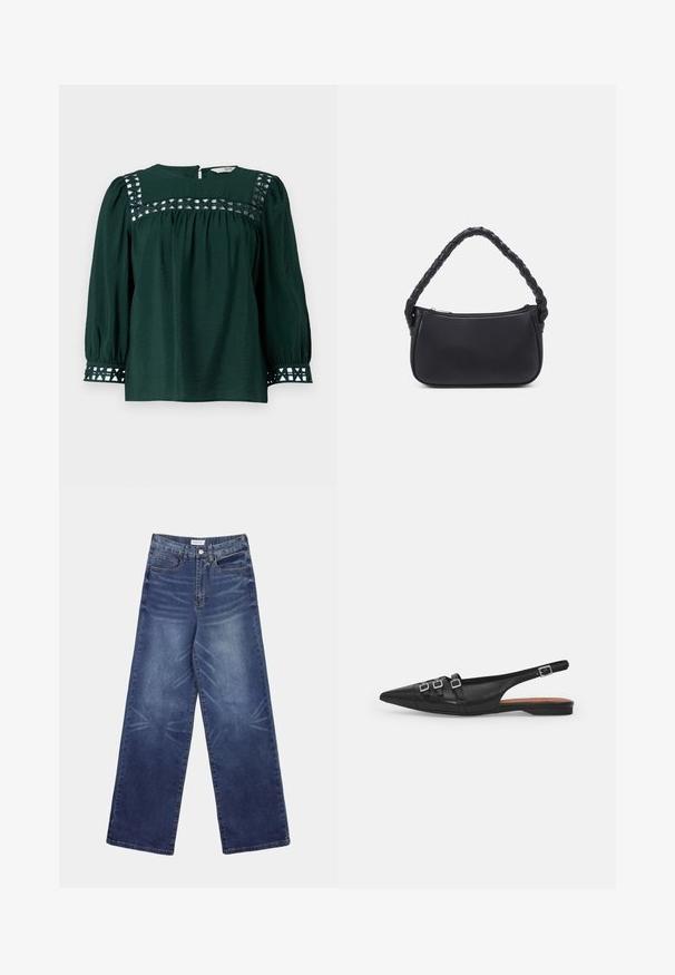Blusa verde oscuro con mangas largas abullonadas, tejido texturizado y recortes decorativos en el canesú y los puños. Cierre trasero con abertura en forma de llave.; Pantalones vaqueros de pierna ancha en azul oscuro, con cintura alta, patrones de desvanecimiento pronunciados en el frente y el clásico estilo de cinco bolsillos.; Zapato plano slingback de cuero negro con puntera puntiaguda, que presenta dos correas horizontales y hebillas plateadas cuadradas, tacón bajo y textura suave.; Bolso negro de forma redondeada, hecho de material liso. Presenta un asa trenzada y un cierre de cremallera para un almacenamiento seguro.