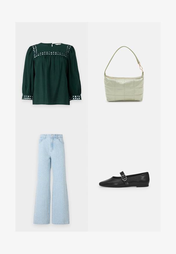 Blusa verde oscuro con mangas largas abullonadas, tejido texturizado y recortes decorativos en el canesú y los puños. Cierre trasero con abertura en forma de llave.; Pantalones vaqueros de mezclilla anchos de color azul claro con una cintura alta, que cuentan con un cierre de botón, cinco bolsillos y una sutil textura desgastada.; Zapato plano de cuero negro con punta redondeada, una sola correa ajustable con hebilla y una textura suave y brillante. Diseño minimalista con un tacón bajo.; Bolsa de hombro acolchada de color verde con una textura suave, forma rectangular, correa única y cierre de cremallera en tono dorado. Presenta un patrón acolchado.