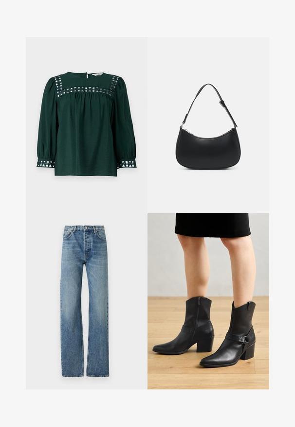 Mørkegrøn bluse med lange pufærmer, tekstureret stof og dekorative udskæringer på yoken og manchetterne. Nøglehulslukning i ryggen.; Lyseblå, høj talje jeans med lige ben, lavet af denimstof. Har klassisk fem-lomme design og sølv hardware.; Sorte læder ankelstøvler med spids tå, lynlås lukning, buet hæl og en dekorativ rem med metal detaljer.; Pieces PCALUANA SHOULDER BAG - Håndtasker - black