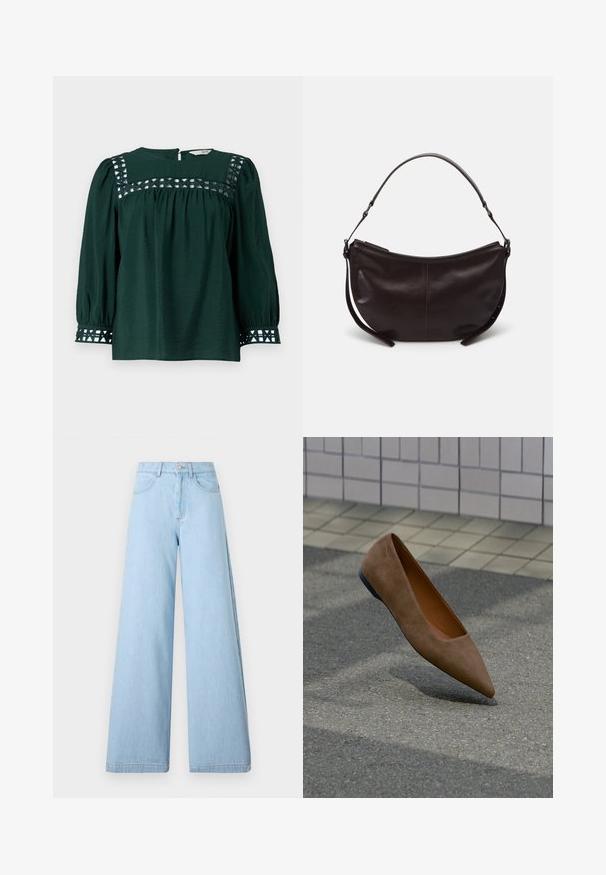 Blusa verde oscuro con mangas largas abullonadas, tejido texturizado y recortes decorativos en el canesú y los puños. Cierre trasero con abertura en forma de llave.; Jeans de pernera ancha de color azul claro, hechos de tela vaquera, con una cintura alta, bolsillos frontales y dobladillos limpios con un detalle de costura mínimo.; Zapato plano de ante marrón con punta puntiaguda flotando sobre el asfalto con pared embaldosada y acera al fondo.; Bolso de hombro de cuero marrón oscuro con forma curvada, textura suave y una sola correa ajustable. Cuenta con un cierre de cremallera.