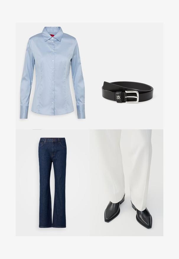 Lichtblauw button-up shirt van gladde stof, met een klassieke kraag, lange mouwen en een rechte pasvorm met subtiele stikseldetails.; Uitlopende blauwe spijkerbroek met een hoge taille, voorzien van een gladde textuur, metalen knoopsluiting en vijf zakken.; Zwarte puntige enkellaarzen met een gladde leren afwerking, lage blokhakken, gecombineerd met witte wijde broekspijpen. Eenvoudig en modern design.; Zwarte leren riem met een gladde textuur, voorzien van een zilveren rechthoekige gesp en een kleine logo-accent. Klassiek en minimalistisch ontwerp.