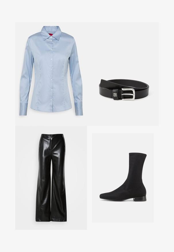 Lichtblauw button-up shirt van gladde stof, met een klassieke kraag, lange mouwen en een rechte pasvorm met subtiele stikseldetails.; Zwarte leren wijde broek met een gladde textuur, hoge taille en een verborgen ritssluiting aan de voorkant. Tailored fit met een nette afwerking.; Zwarte enkellaars met een glad, rekbaar stoffen bovenwerk en een lage gestapelde hak. Heeft een puntige neus en een naadloos ontwerp.; Zwarte leren riem met een gladde textuur, voorzien van een zilveren rechthoekige gesp en een kleine logo-accent. Klassiek en minimalistisch ontwerp.