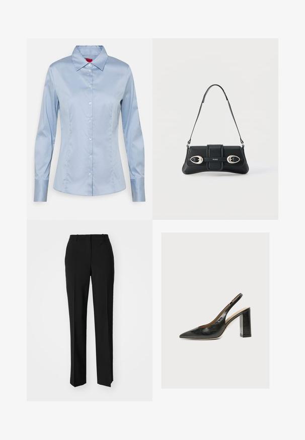 Lichtblauw button-up shirt van gladde stof, met een klassieke kraag, lange mouwen en een rechte pasvorm met subtiele stikseldetails.; Zwarte op maat gemaakte broek met een recht model, voorzien van een soepele textuur en scherpe plooien aan de voorkant. Geen zichtbare hardware.; Zwarte leren damesslingback met spitse neus en dikke hoge blokhak tegen witte achtergrond.; Zwarte leren schoudertas met twee zilveren gespen en een verstelbare band, met het "HUGO"-logo in het midden aan de voorkant.