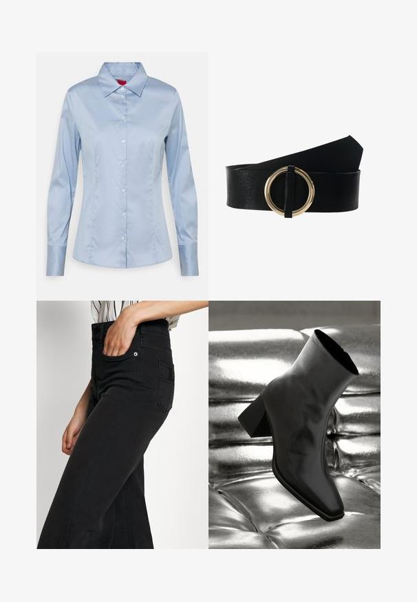 Lichtblauw button-up shirt van gladde stof, met een klassieke kraag, lange mouwen en een rechte pasvorm met subtiele stikseldetails.; Zwarte denim wijde pijpen jeans met een hoge taille, een voorzak en een achterzak met patch. Gladde textuur met minimale stiksel details.; Zwarte enkellaarsjes van glanzend materiaal met een vierkante neus en taps toelopende hak, afgezet tegen een glanzende zilveren gecapitonneerde achtergrond.; Zwarte leren riem met een brede band en een grote gouden cirkelvormige gesp. Gladde textuur met een gepolijste afwerking en geen zichtbare patronen.
