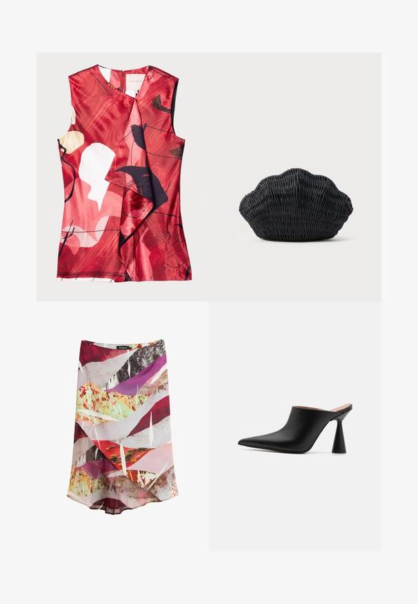 Top de satén rojo con patrones florales abstractos en negro y crema. Presenta un diseño envolvente y un corte sin mangas, con un cierre de cremallera en la parte posterior.; Falda midi con estampado abstracto multicolor en rojo, rosa, púrpura, amarillo y blanco, con tejido en capas y una sutil silueta en línea A.; Mules de cuero negro con punta afilada y un singular tacón en forma de cono. Textura suave y diseño minimalista, con parte trasera abierta para facilitar su uso.; Bolso de mimbre negro con forma de concha de vieira con parte superior curva y textura tejida sobre un fondo liso.