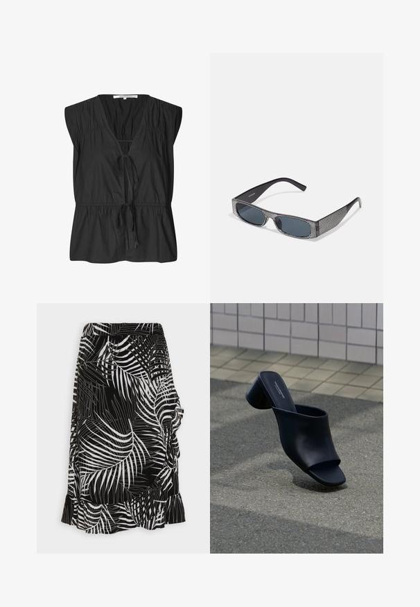 Second Female FELIXA - Bluse - black; ONLY ONLFRIDA WRAP SKIRT - Tubenederdele - black; Sort læder åben tå mule med blok hæl, placeret på asfalt nær flisebelagt overflade.; Sorte solbriller med grå linser, der har et gittermønster af små metalliske rhinsten langs stellet. Glat overflade, kantede design.
