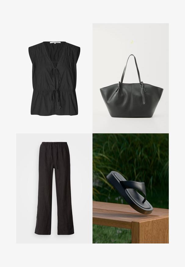 Second Female FELIXA - Blouse - black; Pantalons noirs amples avec une taille élastique et un cordon de serrage. Fabriqués dans un tissu léger avec une texture lisse et des jambes droites.; Sandale noire en cuir type tongs flottant au-dessus d’un banc en bois à l’extérieur avec une herbe haute verte floue en arrière-plan.; Vero Moda VMDITTA - Cabas - black