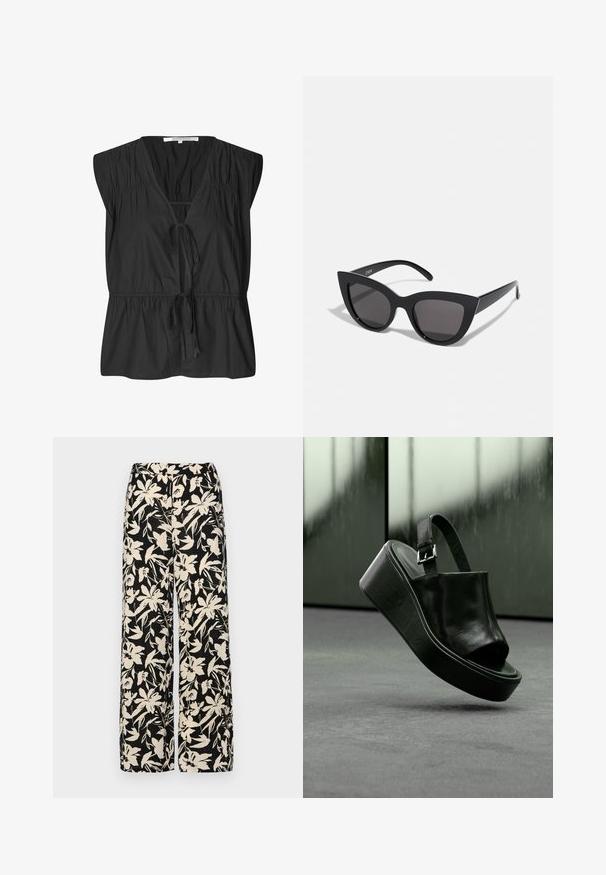 Second Female FELIXA - Blouse - black; Pantalon large noir avec un motif floral crème. Fabriqué en tissu léger, il présente une texture lisse et une taille haute.; Sandale à plateforme en cuir noir avec une large bride, orteil ouvert et boucle de cheville réglable, montrée flottant au-dessus d'une surface grise.; Lunettes de soleil noires en forme d'œil de chat avec une finition mate, dotées de verres teintés gris, d'angles aigus et de branches élégantes. Nom de la marque visible sur la branche intérieure.