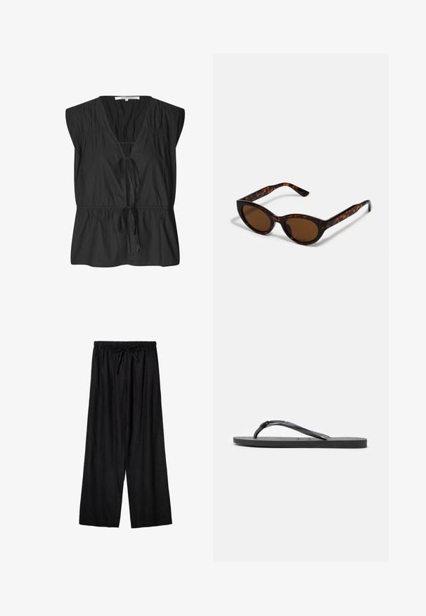Second Female FELIXA - Blouse - black; Zwarte broek met wijde pijpen, elastische tailleband en voorste trekkoord, gemaakt van lichtgewicht stof.; Zwarte rubberen slippers met een gestructureerde zool en een Y-vormige band, zijaanzicht op een witte achtergrond.; Bruine schildpad zonnebril met een vintage cat-eye vorm en bruine lenzen. Heeft gebogen armen met rode accenten.