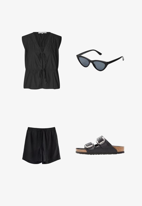 Second Female FELIXA - Blouse - black; Zwarte casual shorts met elastische tailleband, verstelbaar trekkoord en zijzakken op een witte achtergrond.; Zwarte sandaal met twee verstelbare banden, zilveren gespen en een kurken voetbed op een gestructureerde zwarte rubberen zool.; Zwarte cat-eye zonnebril met donkergrijze lenzen, slank plastic frame, puntige hoeken en rechte pootjes. Geen zichtbare hardware of accenten.