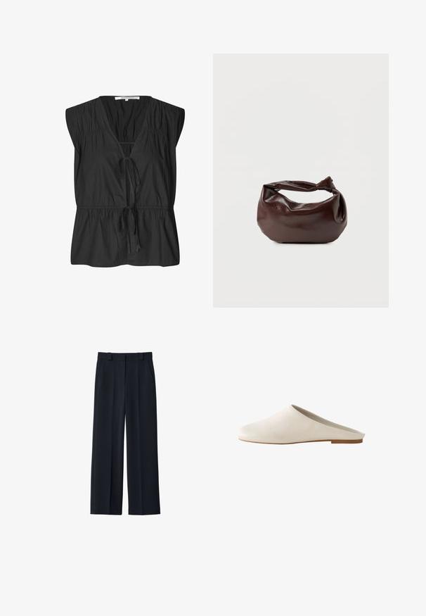 Second Female FELIXA - Bluse - black; Marinefarbige weit geschnittene Hosen aus einem glatten Stoff; mit einem Bund, Gürtelschlaufen und Seitentaschen ausgestattet; minimalistische Gestaltung ohne Muster.; Flachabsatz Slip-on Muleschuh aus glattem, offweißem Leder mit geschlossenem Zehenbereich und offenem Fersenbereich, auf einer flachen hellbraunen Sohle.; Dunkelbraune Lederschultertasche mit weicher, lockerer Form und einem gedrehten Knotengriff vor schlichtem weißem Hintergrund.