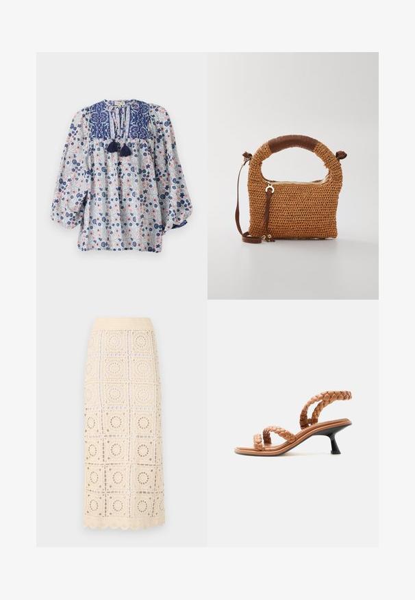Bloemmotief blouse in blauw, wit en roze met een gespleten halslijn, franjes en volumineuze lange mouwen. Katoenen stof.; Malina KAHLO - Maxirok - cream; Lichtbruine sandaal met gevlochten leren riempjes en een lage zwarte kittenhak, zijaanzicht op witte achtergrond.; Bruine gevlochten handtas met een ronde handgreep. Bevat een ritsluiting en een verstelbare strap, aangevuld met een leren accent op de handgreep.