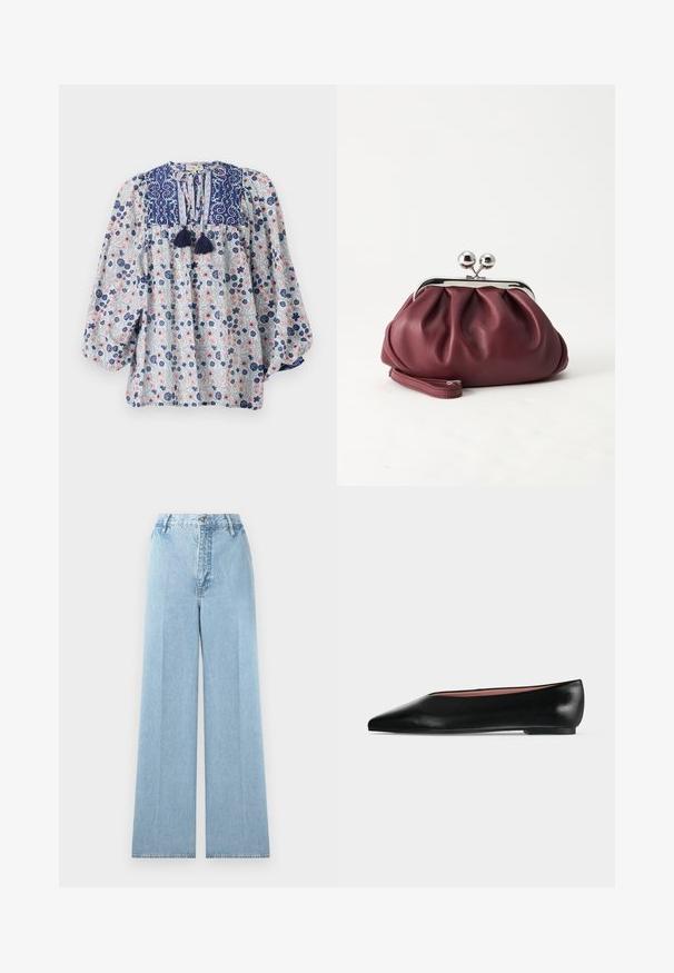 Blouse à motif floral en bleu, blanc et rose avec un décolleté fendu, des détails à franges et des manches longues volumineuses. Tissu en coton.; Jeans larges bleu clair en denim avec une taille haute, comprenant cinq passants de ceinture, une fermeture à bouton à l'avant et des coutures cousues.; Chaussure plate en cuir noir pour femme, avec bout pointu et petit talon, vue de côté sur un fond gris clair uni.; Petit sac pochette en cuir bordeaux avec fermoir métallique argenté et bracelet sur fond blanc.