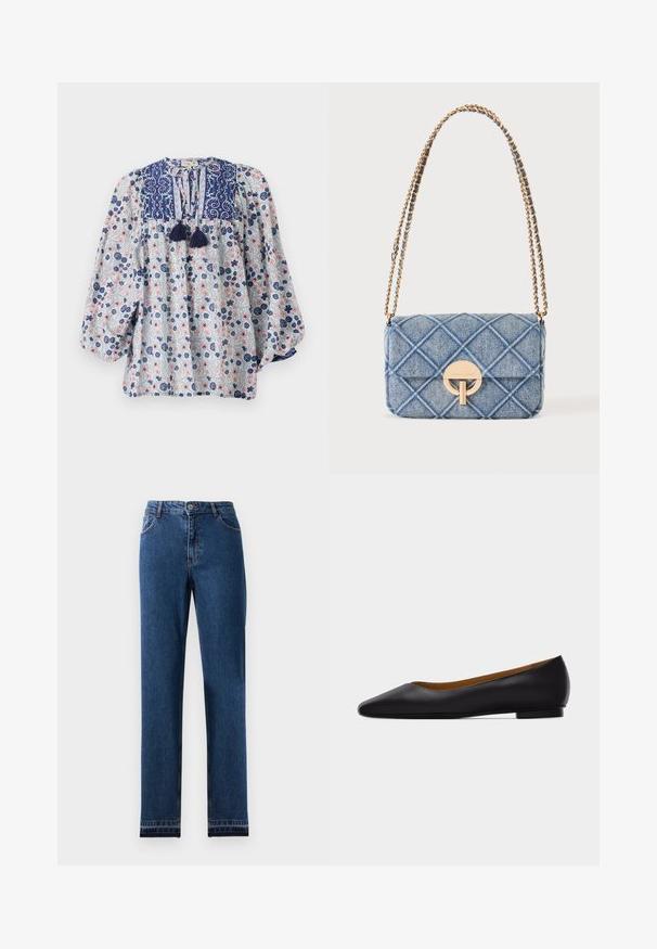 Bloemmotief blouse in blauw, wit en roze met een gespleten halslijn, franjes en volumineuze lange mouwen. Katoenen stof.; Blauwe denim jeans met een recht beenontwerp, vijf zakken en een knoopsluiting. Kenmerkt contraststiksels en een lichte vervaging.; Zwarte leren puntschoen met lage hak en gladde afwerking, zijaanzicht op een lichtgrijze achtergrond.; Gewatteerde blauwe denim schoudertas met goudkleurige kettingriem en een ronde gouden gesp aan de voorflap.