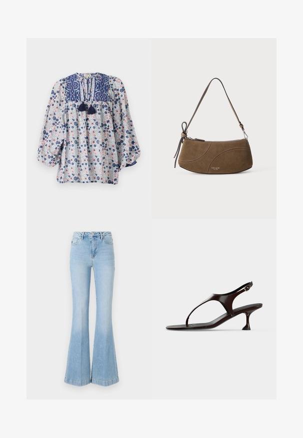 Blomstermønstret bluse i blå, hvid og pink med en delt halsudskæring, frynse detaljer og voluminøse lange ærmer. Cotton stof.; Lyseblå flagrende jeans lavet af denim, med høj talje, forlommer og subtil falming samt en ren kant.; Mørkebrun laklædersandal med rem bagpå, lille hæl og tårem på hvid baggrund.; Brun ruskind skuldertaske med kort rem, lynlås og subtile buede syninger.