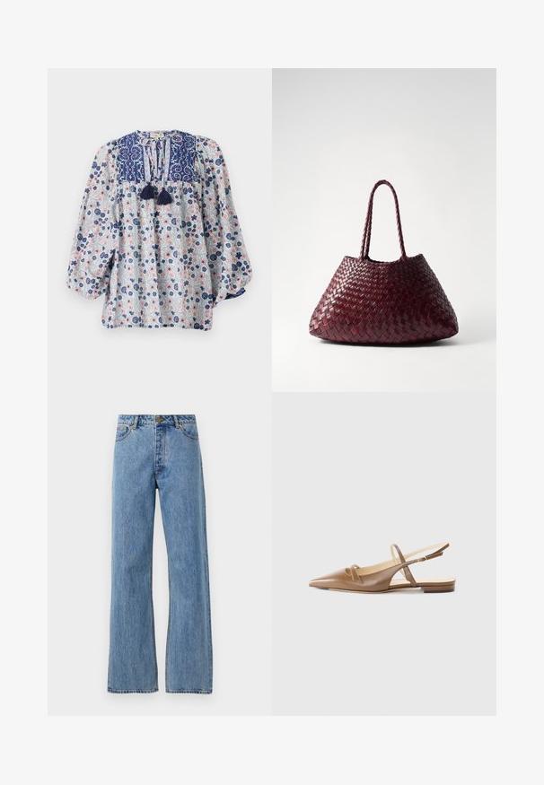 Blomstermønstret bluse i blå, hvid og pink med en delt halsudskæring, frynse detaljer og voluminøse lange ærmer. Cotton stof.; Lyseblå højtaljede lige jeans med frontknap, lynlås og femlomme-design på hvid baggrund.; Brune lædersandaletter med spidse tæer, to smalle stropper og en lav hæl. Glat tekstur med en poleret finish.; DRAGON DIFFUSION SANTA CROCE BIG - Håndtasker - bordo