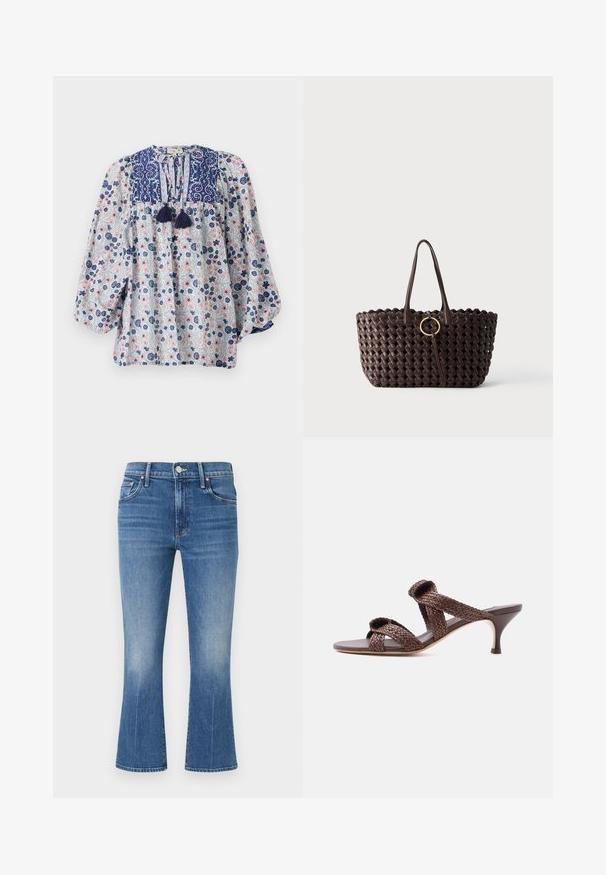 Bloemmotief blouse in blauw, wit en roze met een gespleten halslijn, franjes en volumineuze lange mouwen. Katoenen stof.; Blauwe spijkerbroek met lichte verweerde look, vijfzakkenmodel, knoop- en ritssluiting, en licht uitlopende pijpen.; Bruine geweven leren slide sandaal met twee bandjes en een lage kittenhiel op een effen witte achtergrond.; Donkerbruine geweven tas met twee handvatten en een gouden, ronde gesp in het midden tegen een effen achtergrond.