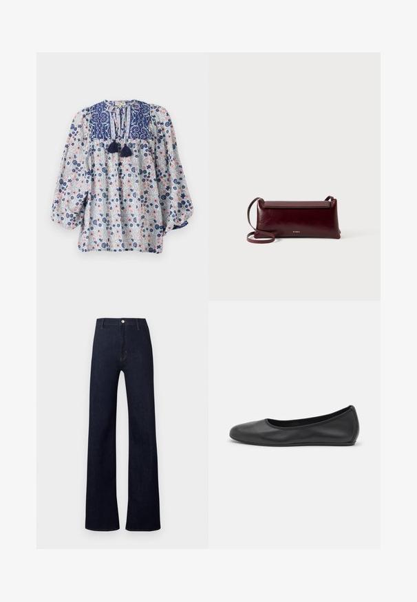 Bloemmotief blouse in blauw, wit en roze met een gespleten halslijn, franjes en volumineuze lange mouwen. Katoenen stof.; Donkerblauwe spijkerbroek met hoge taille, wijd uitlopende pijpen en klassieke vijfzakkenstijl. Voorzien van bronzen beslag en subtiele stiknaden.; Zwarte leren ballerina met een ronde neus, gladde textuur, minimale stikdetails en een flexibele zoolontwerp.; Bordeaux lederen schoudertas met een gladde textuur, rechthoekige vorm, klep sluiting en een dunne verstelbare schouderband. Gouden logo detail zichtbaar.