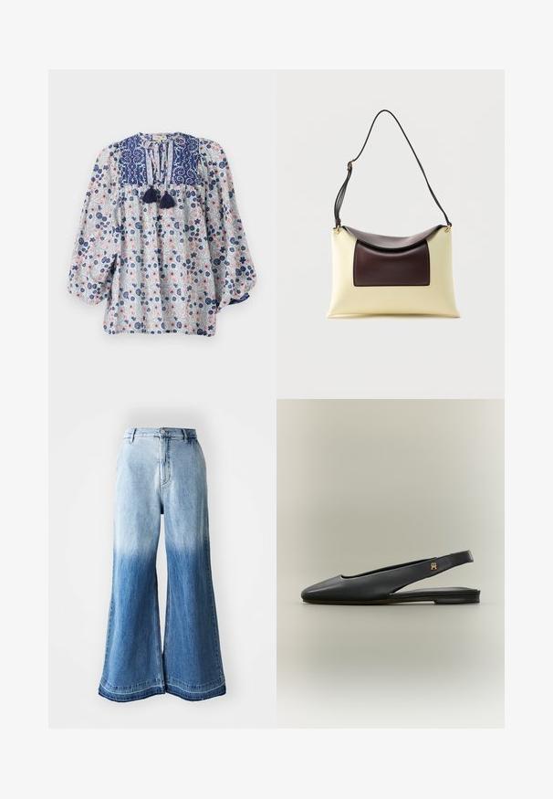 Blomstermønstret bluse i blå, hvid og pink med en delt halsudskæring, frynse detaljer og voluminøse lange ærmer. Cotton stof.; Lysblå denim bukser med vide ben, der har en falmet gradient fra lys til mørk, syet kant og fem-lomme design.; Sort læder slingback flad sko med spids tå og guldt logo accent på remmen, vist på en neutral baggrund.; Skuldertaske i cremefarvet og mørkebrun læder med buet klap og justerbar sort rem mod hvid baggrund.