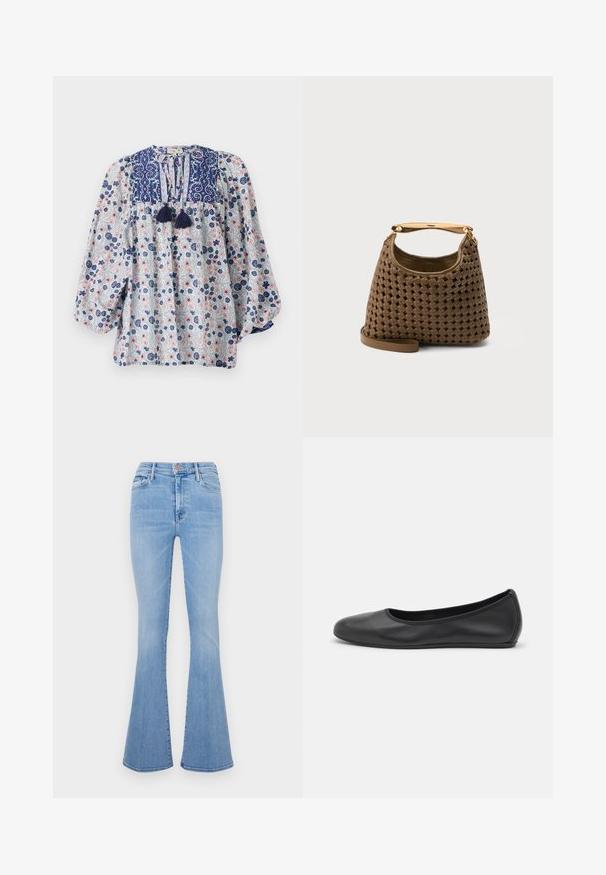 Blomstermønstret bluse i blå, hvid og pink med en delt halsudskæring, frynse detaljer og voluminøse lange ærmer. Cotton stof.; Lyseblå flagrende jeans med høj talje, lavet af denimstof, med frontlommer og en subtil falmet tekstur.; Sort læderballetsko med rund tå, glat tekstur, minimal syning og et fleksibelt såldesign.; Brun flettet læderhåndtaske med guldfarvet buet topgreb og aftagelig skulderrem på ensfarvet baggrund.