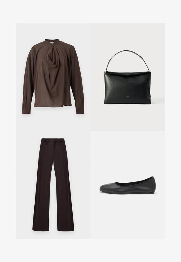 Blouse marron à manches longues avec un col montant, un bouton unique à l'avant et un détail de tissu drapé au centre devant.; Pantalons larges en tissu sombre, présentant une texture lisse, des passants de ceinture et un pli avant, avec un design épuré et sans ornements.; Ballerines en cuir noir avec un bout rond, texture lisse, détails de couture minimalistes et design de semelle flexible.; Sac à main en cuir noir à texture lisse, avec une poignée courbée et un détail de fermeture éclair doré. Design minimaliste avec un logo discret.