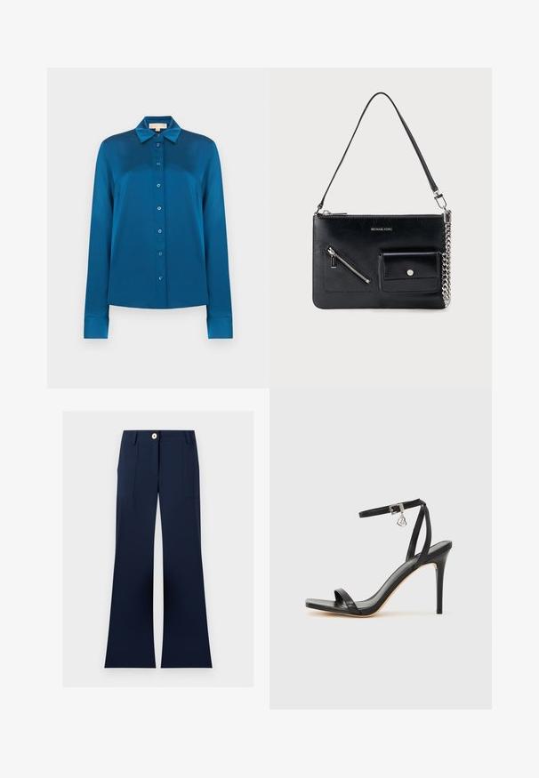 Blouse bleue en soie à manches longues avec col et boutons sur le devant, présentée sur un fond blanc uni.; Pantalon bleu marine à jambes larges avec poches plaquées à l'avant, passants de ceinture et une fermeture à bouton visible unique à la taille.; Sandale à talon haut noire avec une bride étroite à la cheville, bout carré, cuir lisse et accent de boucle métallique.; Sac à bandoulière en cuir noir Michael Kors avec fermeture éclair supérieure, poche avant zippée en diagonale, poche à rabat avec bouton-pression et détail en chaîne argentée.