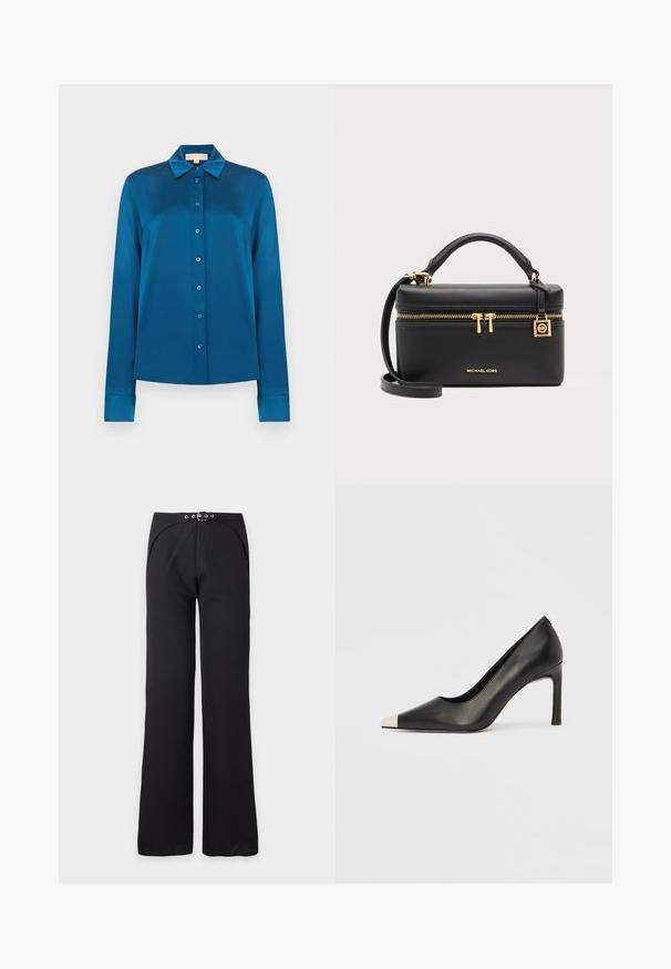 Blouse bleue en soie à manches longues avec col et boutons sur le devant, présentée sur un fond blanc uni.; Pantalon noir taille haute à jambes larges avec ceinture noire intégrée comportant des œillets et une boucle argentés, présenté à plat sur fond blanc.; Chaussure à talon haut en cuir noir avec bout pointu et capuchon argenté métallique. Présente une finition lisse et un talon fin de 10 cm.; Sac à main rectangulaire noir Michael Kors avec poignée supérieure, fermeture éclair dorée et logo, et bandoulière détachable sur fond gris.