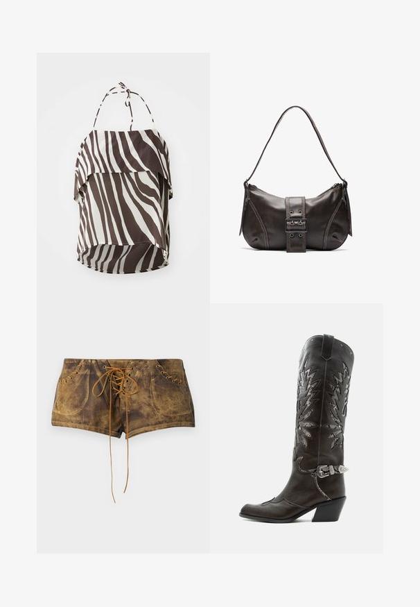 Braun- und cremefarbenes Off-Shoulder-Oberteil mit Zebrastreifenmuster, aus leichtem Stoff gefertigt, mit verstellbaren Bindegurten und ausgestellt geschnittenem Saum.; Braune Schnürshorts mit strukturiertem Oberflächendesign und kontrastierenden sandfarbenen Schnürsenkeln. Verfügt über Ösen und ein tailliertes Design für eine enganliegende Passform.; Schwarzer Leder-Cowboystiefel mit dekorativen Ausschnitten, silberner Schnalle und schräger Ferse, auf weißem Hintergrund dargestellt.; Braune Lederumhängetasche mit gebogener Form, die mit einem auffälligen Schnallendetail, kontrastierenden Nähten und einem einzigen Schulterriemen ausgestattet ist.