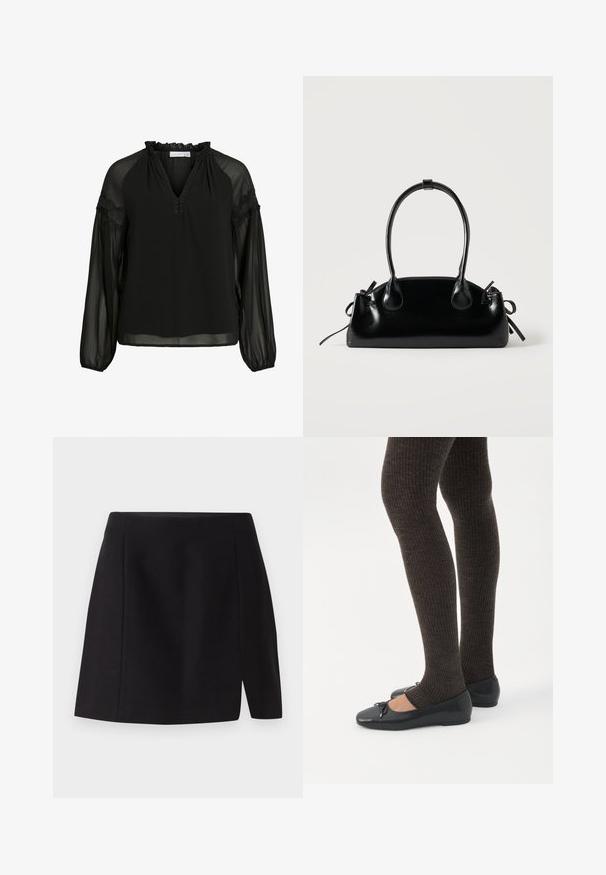 Blusa negra con escote en V, cuello con volantes, mangas largas transparentes y detalles de encaje en los hombros. Tela ligera y fluida.; Mini falda negra hecha de una tela suave, con una cintura ajustada y una abertura frontal que añade un toque moderno a su diseño sencillo.; Piernas con leggings oscuros acanalados combinados con bailarinas negras que presentan pequeños detalles de lazo sobre un fondo blanco.; Pequeño bolso negro brillante con dos asas largas y detalles de cordón lateral sobre un fondo claro liso.
