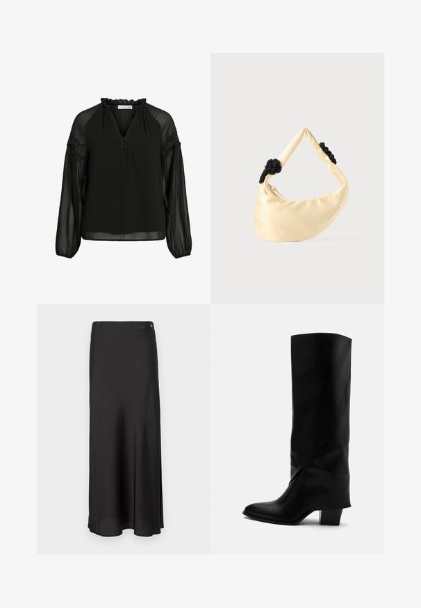 Blusa negra con escote en V, cuello con volantes, mangas largas transparentes y detalles de encaje en los hombros. Tela ligera y fluida.; Falda negra de longitud media confeccionada en tela suave. Presenta un diseño ligeramente acampanado y una sutil abertura lateral. Detalle minimalista en la cintura con herrajes.; Bota alta de cuero negro con costuras anguladas, puntera puntiaguda y tacón grueso de altura media sobre fondo blanco.; Bolso de hombro de satén color crema con dos nudos trenzados negros en la correa y cierre visible con cremallera.
