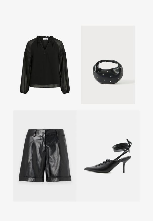 Blusa negra con escote en V, cuello con volantes, mangas largas transparentes y detalles de encaje en los hombros. Tela ligera y fluida.; Shorts de cuero negro con un acabado brillante, pliegues frontales y un dobladillo enrollado. Diseño elegante con una cinturilla ajustada y hardware minimalista.; Zapato de tacón alto negro con punta puntiaguda, con cordones en la parte delantera y correas que rodean el tobillo atadas con un lazo, mostrado de lado sobre un fondo blanco.; Bolso de mano de cuero negro con forma redondeada, decorado con detalles de tachuelas plateadas y un asa corta. Textura lisa y cierre con cremallera.