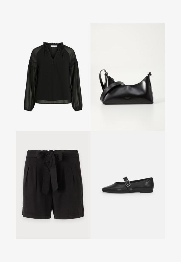 Zwarte blouse met een V-hals, ruches bij de halslijn, doorzichtige lange mouwen en kanten accenten op de schouders. Lichtgewicht, vloeiend materiaal.; Zwarte katoenen shorts met een strikgordel in de taille, plooien aan de voorkant en zijzakken. Gladde textuur en casual ontwerp.; Zwarte leren platte schoen met een ronde neus, een enkele verstelbare gespsluiting en een gladde, glanzende textuur. Minimalistisch ontwerp met een lage hak.; Zwarte leren handtas met een gladde textuur. Beschikt over een verstelbare schouderband en een strak, minimalistisch ontwerp met een ritssluiting.