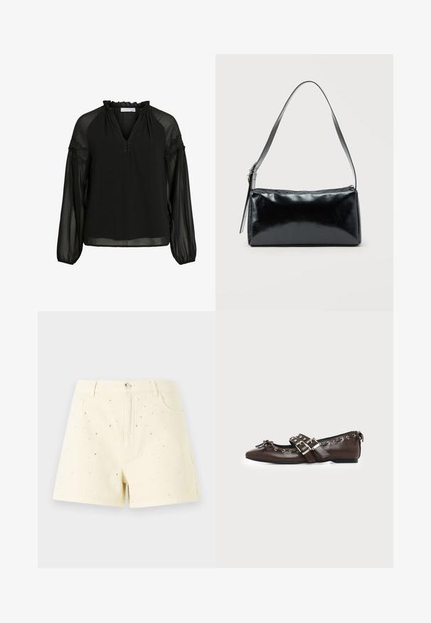 Schwarze Bluse mit V-Ausschnitt, Rüschendetails am Hals, transparenter langer Ärmel und Spitzenakzenten an den Schultern. Leichter, fließender Stoff.; Gelbe Denim-Shorts mit hoher Taille und lockerer Passform, die vorne mit kleinen silbernen Nieten verziert sind.; Dunkelbrauner flacher Lederschuh mit spitzer Spitze, doppelten silbernen Schnallenriemen, Metallösen und dekorativer Schleife vorne.; Schwarze rechteckige Schultertasche mit einem verstellbaren Riemen und einem oberen Reißverschluss vor einfachem Hintergrund.