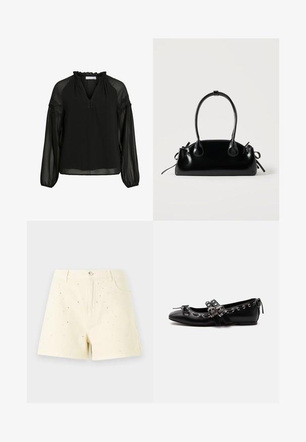 Schwarze Bluse mit V-Ausschnitt, Rüschendetails am Hals, transparenter langer Ärmel und Spitzenakzenten an den Schultern. Leichter, fließender Stoff.; Gelbe Denim-Shorts mit hoher Taille und lockerer Passform, die vorne mit kleinen silbernen Nieten verziert sind.; Schwarzer flacher Ballettschuh mit doppelten Schnallenriemen, silbernen Ösen und einer kleinen Schleife nahe der abgerundeten Spitze auf weißem Hintergrund.; Kleine schwarze glänzende Handtasche mit zwei langen Griffen und seitlichen Kordelzug-Details vor einfachem hellem Hintergrund.