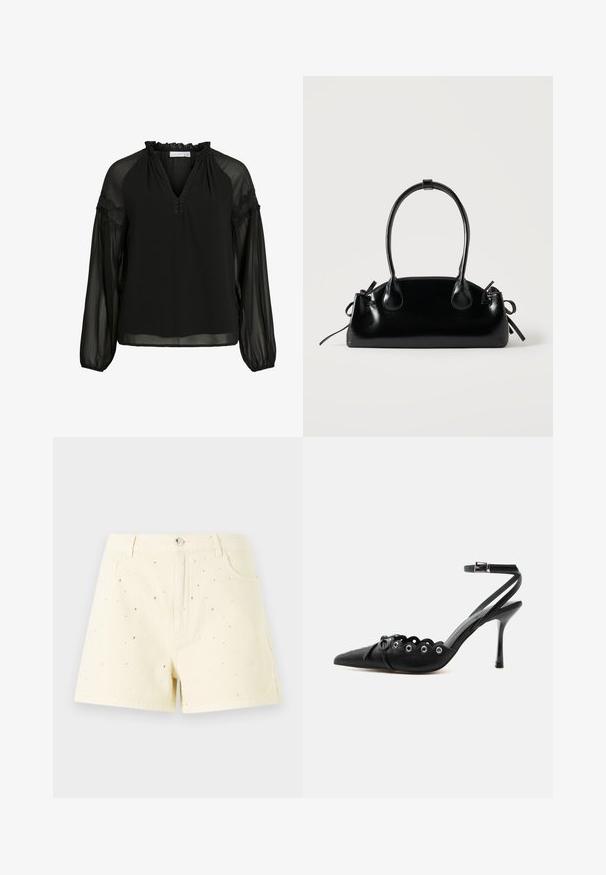 Schwarze Bluse mit V-Ausschnitt, Rüschendetails am Hals, transparenter langer Ärmel und Spitzenakzenten an den Schultern. Leichter, fließender Stoff.; Gelbe Denim-Shorts mit hoher Taille und lockerer Passform, die vorne mit kleinen silbernen Nieten verziert sind.; Schwarzer, spitzer High-Heel-Schuh mit geschwungenen Kanten, Metallösen, Schnürung vorne und Knöchelriemen mit Schnallverschluss.; Kleine schwarze glänzende Handtasche mit zwei langen Griffen und seitlichen Kordelzug-Details vor einfachem hellem Hintergrund.