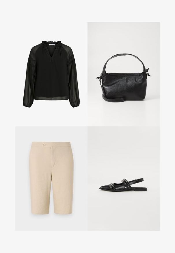 Schwarze Bluse mit V-Ausschnitt, Rüschendetails am Hals, transparenter langer Ärmel und Spitzenakzenten an den Schultern. Leichter, fließender Stoff.; Beige Leinenshorts mit vorderem Knopfverschluss, zwei Seiten Taschen und geraden Schnitt, ausgestattet mit glatter Textur und schlichtem Design.; Even&Odd by Zalando Sling-Ballerina - black; Schwarze Lederhandtasche mit strukturiertem Design, rundem Haltegriff und abnehmbarem Schulterriemen. Sie weist eine glatte Oberfläche und einen subtilen Glanz auf.