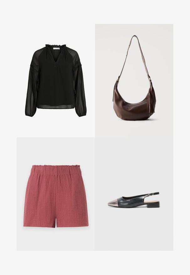 Zwarte blouse met een V-hals, ruches bij de halslijn, doorzichtige lange mouwen en kanten accenten op de schouders. Lichtgewicht, vloeiend materiaal.; Roze getextureerde shorts met elastische tailleband en een losse pasvorm, ontworpen voor casual gebruik.; Slingback schoenen met een zwarte leren bovenkant, een metallic rosegouden puntige neus en een lage blokhak. Gladde textuur met een gebogen ontwerp.; Bruine lederen schoudertas met gouden studs op de band en een leren tassel als ritssluiting, getoond tegen een effen achtergrond.