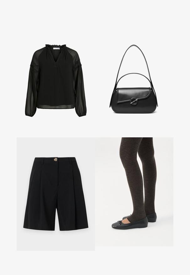 Zwarte blouse met een V-hals, ruches bij de halslijn, doorzichtige lange mouwen en kanten accenten op de schouders. Lichtgewicht, vloeiend materiaal.; Zwarte, op maat gemaakte shorts tot op de knie met plooien aan de voorkant, riemlussen en een enkele bruine knoopsluiting in de taille.; Benen met donkere geribbelde leggings gecombineerd met zwarte ballerina's met kleine strikdetails op een witte achtergrond.; Zwarte leren schoudertas met een gebogen klep die is bevestigd met een ronde metalen sluiting en een smalle, verstelbare band.