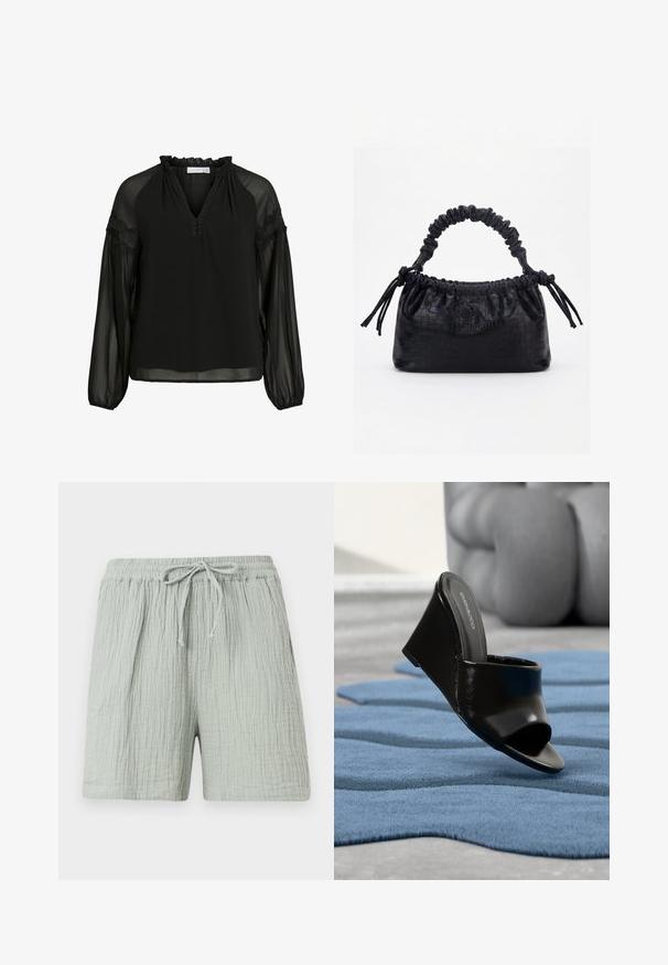 Zwarte blouse met een V-hals, ruches bij de halslijn, doorzichtige lange mouwen en kanten accenten op de schouders. Lichtgewicht, vloeiend materiaal.; Lichtgrijze, gestructureerde katoenen short met elastische tailleband en strikkoord aan de voorkant, ontworpen voor casual gebruik.; Zwarte sleehak mule-schoen met open teen op een blauw gestructureerd tapijt, vervaagde grijze bank op de achtergrond.; Zwarte handtas met krokodillenstructuur, geplooide bovenrand, samengevoerde handgreep en koordtassels aan elke kant tegen een witte achtergrond.