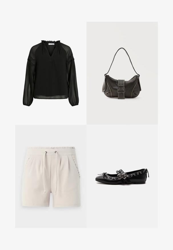 Sort bluse med V-udskæring, flæsekrave, gennemsigtige lange ærmer og blondeaccenter på skuldrene. Let og luftig stof.; Lyse beige shorts med elastisk talje, snor, sidelommer og flæsedetaljer langs lommekanterne. Blødt stoff.; Sort flad balletsko med dobbelt spænde, sølvøjer og en lille sløjfe nær den runde tå på en hvid baggrund.; Sort læder skuldertaske med spænde på remmen, afrundede kanter og kontrasterende hvide syninger på en ensfarvet baggrund.