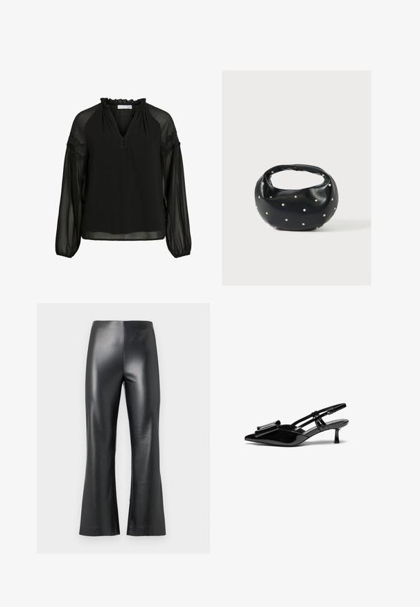 Schwarze Bluse mit V-Ausschnitt, Rüschendetails am Hals, transparenter langer Ärmel und Spitzenakzenten an den Schultern. Leichter, fließender Stoff.; Schwarze Kunstlederhose mit weitem Bein, die eine glatte, glänzende Oberfläche und einen hohen Bund aufweist. Schlichte und elegante Erscheinung.; Schwarze Lackleder-Slingbacks mit spitzer Zehenpartie, einer Schleifendetail an der Vorderseite und einem kleinen Stiletto-Absatz. Die Riemen haben verstellbare Schnallen.; Schwarze Lederhandtasche mit abgerundeter Form, verziert mit silbernen Nietenakzenten und kurzem Griff. Glatte Struktur und Reißverschlussverschluss.