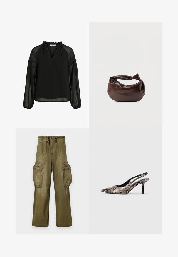 Zwarte blouse met een V-hals, ruches bij de halslijn, doorzichtige lange mouwen en kanten accenten op de schouders. Lichtgewicht, vloeiend materiaal.; Olijfgroene cargobroek met een relaxte pasvorm, elastische tailleband, trekkoord, twee zijzakken en twee grote cargozakken. Licht verouderd.; Puntige slingback schoenen van textuur leer met slangenprint, met een slanke zwarte hak en een uitgesneden ontwerp aan de zijkanten.; Donkerbruine leren schoudertas met een zachte, slungelige vorm en een gedraaide knoopvormige handgreep op een effen witte achtergrond.