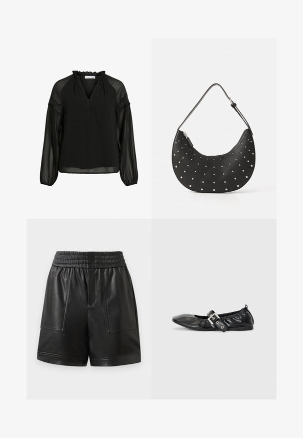 Zwarte blouse met een V-hals, ruches bij de halslijn, doorzichtige lange mouwen en kanten accenten op de schouders. Lichtgewicht, vloeiend materiaal.; Zwarte neplederen shorts met elastische tailleband, voorste drukknoop, grote voorzakken en rechte zoom.; Zwarte leren platte schoen met een spitse neus, geplooide details rond de opening en een zilveren gespaccentueerde verstelbare band.; Zwarte leren handtas met een gebogen vorm, versierd met zilveren studs, voorzien van een ritssluiting en een enkele verstelbare schouderband.