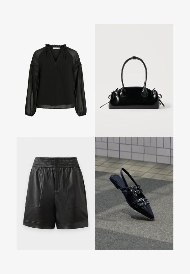 Blusa negra con escote en V, cuello con volantes, mangas largas transparentes y detalles de encaje en los hombros. Tela ligera y fluida.; Pantalones cortos de imitación cuero negro con cinturilla elástica, botón a presión en la parte delantera, grandes bolsillos de parche en la parte delantera y dobladillo recto.; Sandalia plana negra de punta afilada con varias correas con hebillas y talón descubierto, situada sobre una superficie pavimentada y con un fondo de muro de azulejos.; Pequeño bolso negro brillante con dos asas largas y detalles de cordón lateral sobre un fondo claro liso.