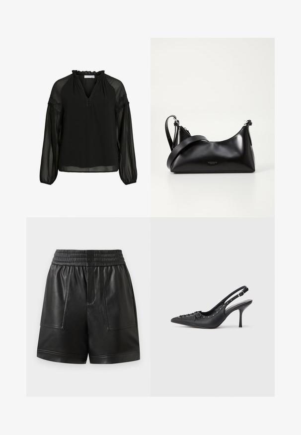 Zwarte blouse met een V-hals, ruches bij de halslijn, doorzichtige lange mouwen en kanten accenten op de schouders. Lichtgewicht, vloeiend materiaal.; Zwarte neplederen shorts met elastische tailleband, voorste drukknoop, grote voorzakken en rechte zoom.; Zwarte leren slingback stiletto met spitse neus, zijgesp met gesp, studs langs de rand en decoratieve veters aan de voorkant.; Zwarte leren handtas met een gladde textuur. Beschikt over een verstelbare schouderband en een strak, minimalistisch ontwerp met een ritssluiting.